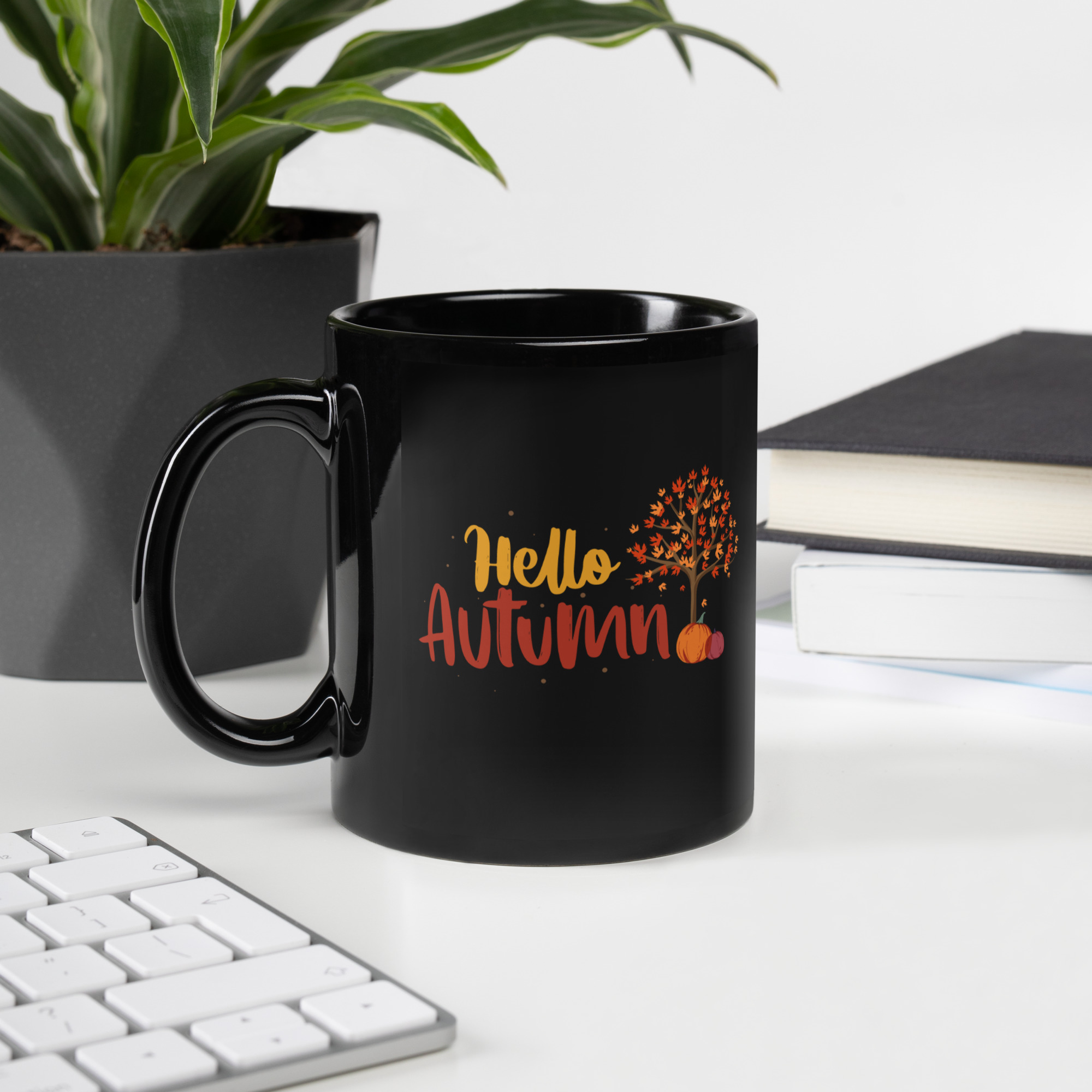 Hello Autumn Black Glossy Mug